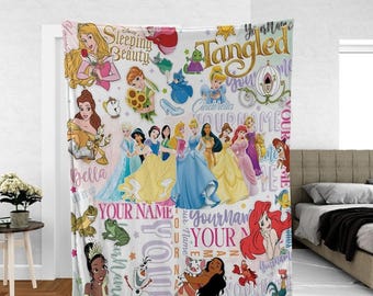 Manta personalizada de princesas Disney, manta polar personalizada para niña, manta de cumpleaños de princesas Disney, princesas de Disneyland