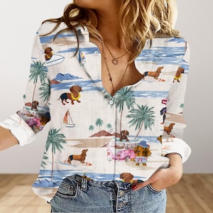 Dachshund Dog Shirt, Sausage Dog Blouses Shirt, Badger Dog Women Blouse, Doxie Tropical Shirt, Wiener Dog Button Shirt, Dog Lover Gift