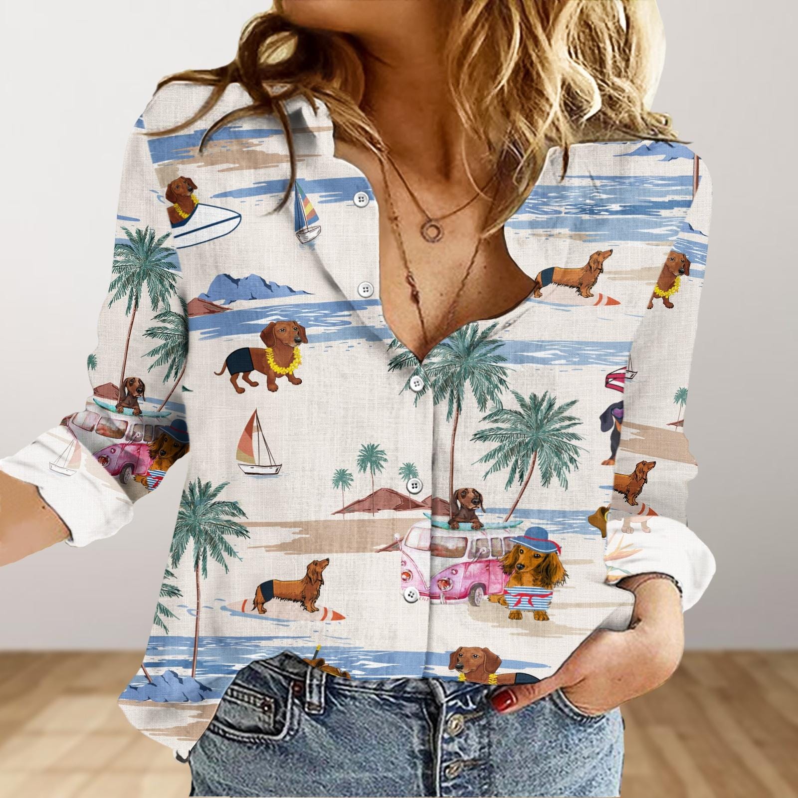 Dachshund Dog Shirt, Sausage Dog Blouses Shirt, Badger Dog Women Blouse, Doxie Tropical Shirt, Wiener Dog Button Shirt, Dog Lover Gift