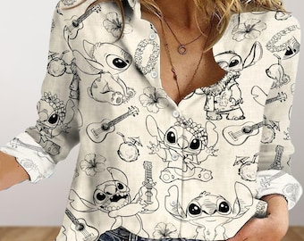 Vintage Stitch Blouses Shirt, Disney Lilo And Stitch Shirt, Disney World Women Blouse, Disneyland Button Up Shirt, Cartoon Vacation Shirt