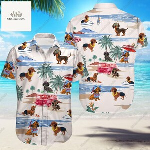 Dachshund Button Shirt, Dachshund Hawaiian Shirt, Dog Lover Shirt, Dachshund Shirt, Aloha Vacation Shirt, Dachshund Beach Summer Shirt