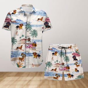 Dachshund Dog Button Shirt And Short, Summer Beach Shirt, Vacation Trip Shirt, Dog Mom Hawaiian Shirt, Dog Dad Shirt, Dog Lover Gift