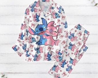 Stitch And Angel Pajamas Set, Disney Xo Xo Holiday Pajamas, Valentines Day Pajamas, Cartoon Movie Pj Set, Girlfriend Boyfriend Pjs Gift