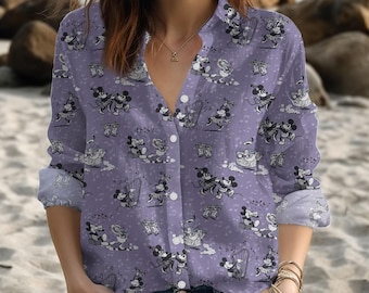 Disney Mickey Mouse Minnie Mouse Dancing Casual Shirt, Cartoon Women Blouse, Disneyland Button Up Shirt, Summer Shirt, Gift For Her