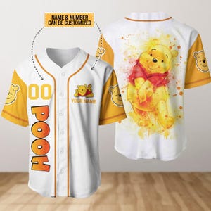 Camiseta de béisbol personalizada de Winnie the Pooh con acuarela, camiseta personalizada de Disney, camiseta deportiva de dibujos animados para vacaciones familiares, regalo para fans de Mickey