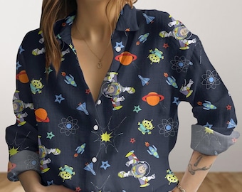 Buzz Lightyear Women Blouse, Toy Story Alien Button Up Shirt, Disney Long Sleeve Shirt, Summer Shirt, Space Ranger Shirt, Gift For Her