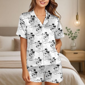 Mickey Sketch Satin Pajamas Set, Mickey Mouse Short Pajamas, Disney Movie Cartoon Sleepwear, Disneyland Pajamas, Disney World Pajamas