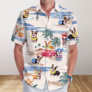 Corgi Button Shirt, Dog Mom Hawaiian Shirt, Dog Dad Summer Shirt, Beach Shirt, Vacation Shirt, Aloha Shirt,Corgi Lover Gift For Her Him