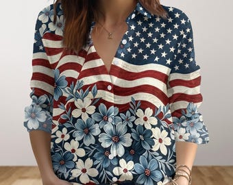 USA Floral Flag Blouse Shirt, Patriotic Women Button Up Top, Red White Blue July 4th Women Shirt, Gift For Her, Summer Casual Shirt
