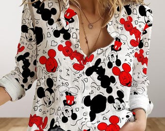 Vrouwen Mickey-blouse, Mickey Mouse shirt met lange mouw, Disney casual shirt, button-down shirt, Disneyland-shirt, Disneyworld cadeau voor haar