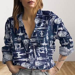 Disney Star Wars Blouses Shirt, Star Wars Spaceship Women Blouses, Movie Long Sleeve Shirt, Galaxy&#39;s Edge Button Down Shirt For Her