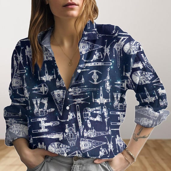 Disney Star Wars Blouses Shirt, Star Wars Spaceship Women Blouses, Movie  Long Sleeve Shirt, Galaxy's Edge Button Down Shirt For Her