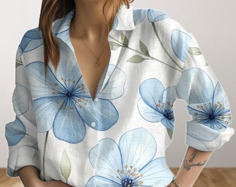 Bold Blue Floral Blouse Shirt, Flower Women Blouse, Lightweight Casual Vacation Shirt, Summer Vibes, Button Down Shirt, Gift For Her