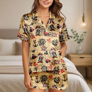 Mickey Mouse Pirates Satin Pajamas Shorts, Disney Pirates Women Pajamas, Funny Mickey Cruise Pajamas Set, Sleepwear,Summer Gift For Her