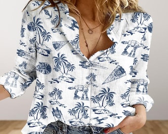Disney Star Wars Blouses Shirt, Spaceship Women Blouses, Movie Long Sleeve Shirt, Galaxy's Edge Button Shirt, Summer Aloha Shirt
