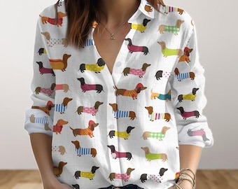 Dackel Hund Button Up Shirt, Dackel Hund Bluse Shirt, Haustier Frauen Shirt, süße Tiere Blusen Tops, Hundebesitzer Shirt, Geschenke für sie