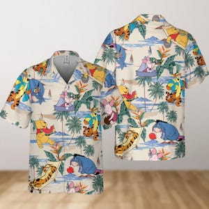 Camisa hawaiana de Winnie the Pooh, camisa playera de verano de Pooh, camisa hawaiana tropical de Pooh y sus amigos, camisa con botones de Pooh, camisa de vacaciones de Disney