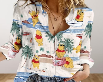 Pooh Blouse, Pooh Bear Women Blouses, Winnie Pooh Button Shirt, Cartoon Long Sleeve Blouse, Summer Tropical Casual Shirt, Gift For Her