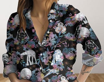 Shirt Star Wars bloemenblouse, shirt met lange mouwen Disney Movie, casual shirt Starwars, shirt Disneyland Button, tropisch shirt Disneyworld