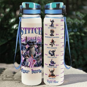 Custom Stitch Movie Water Bottle With Time Tracke, Lilo And Stitch Bottle, Disney 32oz Water Bottle, Motivational Bottle, Sport Bottle