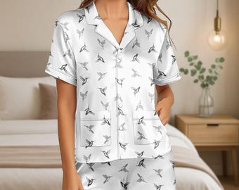 Pijama de satén con diseño de colibrí, pijama corto con diseño de pájaro, pijama de animal para mujer, pijama a juego, ropa de dormir, pijama de dama de honor, regalo para ella