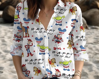 Disney Toy Story Happy 4 juli damesblouse, Disney Patriotic shirt, Disney America button-up shirt, Disney Trip shirt met lange mouwen