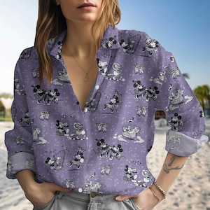 Disney Micky Maus Minnie Maus tanzen Leinen-Look Shirt, Cartoon Frauen Bluse, Disneyland Button Up Shirt, Sommer Shirt, Geschenk für sie