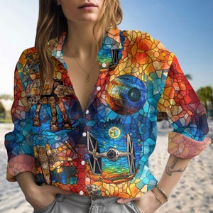 Star Wars Stained Glass Linen-Look Shirt, Star Wars Movie Button Up Shirt, Disney Movie Long Sleeve Shirt, Summer Shirt, Star Wars Gift