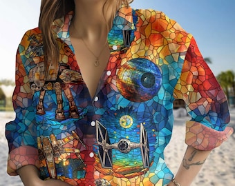 Star Wars casual shirt gebrandschilderd glas, Star Wars film button-up shirt, Disney film shirt met lange mouwen, zomershirt, Star Wars cadeau