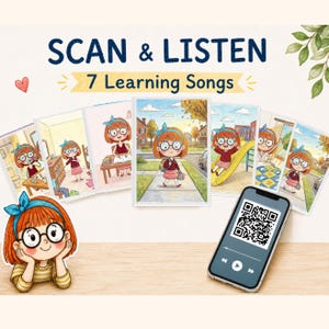 Puede incluir: Un conjunto de tarjetas ilustradas con una niña de pelo rojo, gafas y lazo azul. Las tarjetas muestran actividades diarias y un smartphone con un código QR para 7 canciones de aprendizaje. El texto dice SCAN & LISTEN 7 Learning Songs.