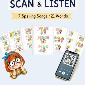 May include: Educational learning cards featuring the text SCAN & LISTEN 7 Spelling Songs 21 Words. The set includes illustrated cards with words like VASE, HINGE, and PLUG, a cartoon character with red hair and glasses, and a smartphone displaying a QR code.