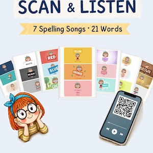 Colors Spelling Flashcards for Kids | QR Code Scan & Listen | 21 Color Words | Printable Preschool Kindergarten ESL | Set #5