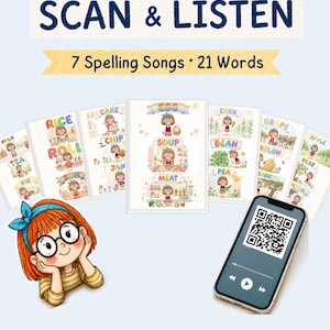May include: A set of educational cards titled SCAN & LISTEN 7 Spelling Songs 21 Words, featuring illustrations of a character with red hair and glasses. A smartphone displays a QR code for audio access, accompanied by cards showing food items.