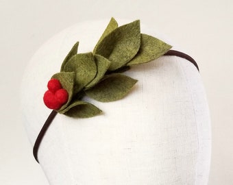 Christmas Felt Leaf and Berry Accent Headband - White or Red Berries