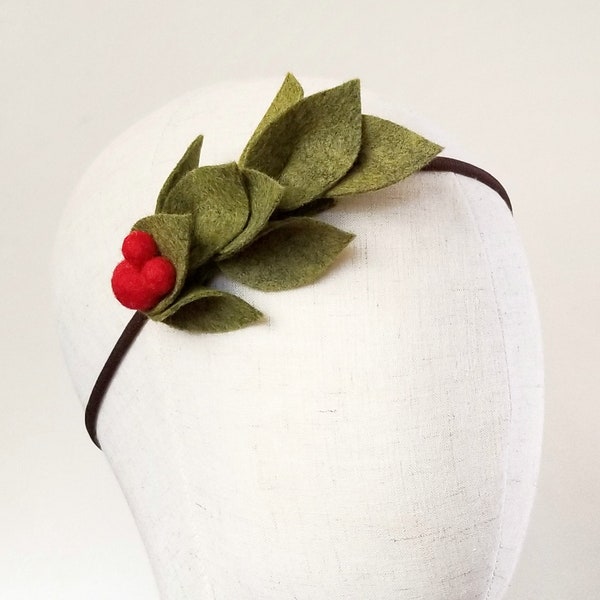 Christmas Felt Leaf and Berry Accent Headband - White or Red Berries