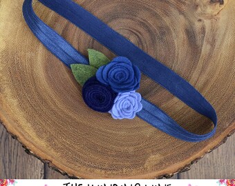 Blue Felt Flower Headband/Clip/Barrette for Baby, Child, Teen, or Adult - Custom Elastic Color