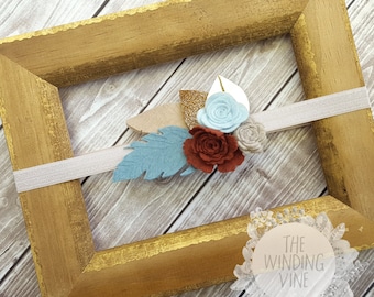 Rust Orange/Beige/Dusty Blue Felt Flowers and Feathers Headband/Clip/Barrette with Gold Leaves for Baby, Child, Teen, or Adult