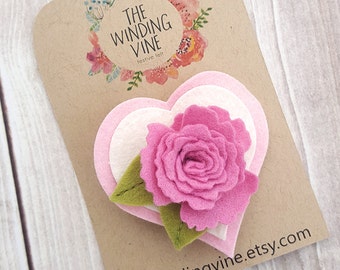Valentine Rose/Pink/White Felt Heart and Flower Hair Clip/Barrette/Headband, Felt Hair Accessory for baby, toddler, child, teen, or adult