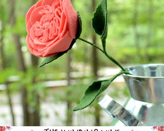 Large Felt Salmon Pink Cabbage Rose Flower Stem - Single or Bouquet for Home Decor/Wedding/Gift