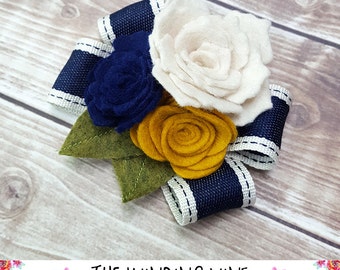 Navy Blue/White/Yellow Felt Flower and Ribbon Bow Clip/Barrette - Hair Accessory for Child, Teen, Adult