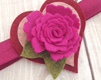 Valentine Pink/Raspberry/Burgundy Felt Heart & Flower Hair Clip/Barrette/Headband - Hair Accessory for baby, toddler, child, teen, or adult