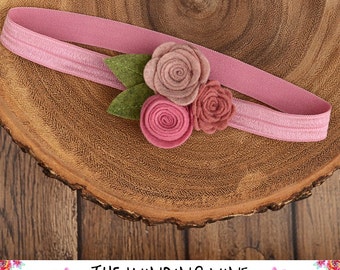 Rose/Mauve/Pink Felt Flower Headband/Clip/Barrette for Baby, Child, Teen, or Adult - Custom Elastic Color