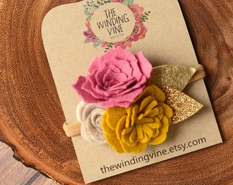 Yellow/Rose/Pink/Beige Felt Flower with Gold Leaves Headband/Clip/Barrette for Baby, Child, Teen, or Adult - Custom Elastic