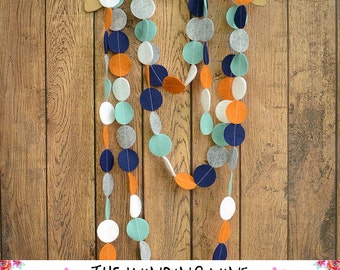 Blue/Teal/Orange/White/Gray Felt Circle Garland - Home Decor, Party Decor, Nursery Decor