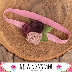 Rose/Mauve/Burgundy Felt Flower Headband/Clip/Barrette for Baby, Child, Teen, or Adult - Custom Elastic Color