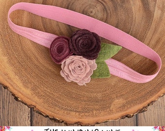 Rose/Mauve/Burgundy Felt Flower Headband/Clip/Barrette for Baby, Child, Teen, or Adult - Custom Elastic Color