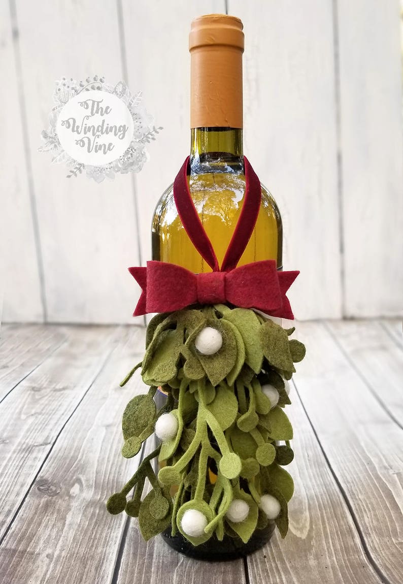 Felt Mistletoe, Christmas Decor, Unusual Gifts, Hostess Gifts, Mistletoe Ornament, Small Gifts, Secret Santa Gifts, Holiday Decor, Wine Gift image 3