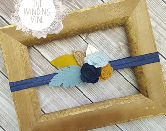 Mustard Yellow/Navy/Dusty Blue Felt Flowers and Feathers Headband/Clip/Barrette with Gold Leaves for Baby, Child, Teen, or Adult