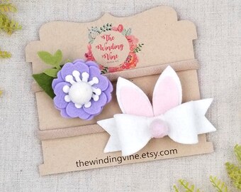 Felt Bunny Bow and Spring Easter Flower Headband Set