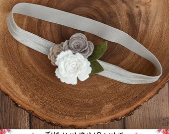 Neutral Grey/White/Beige Felt Flower Headband/Clip/Barrette for Baby, Child, Teen, or Adult - Custom Elastic Color